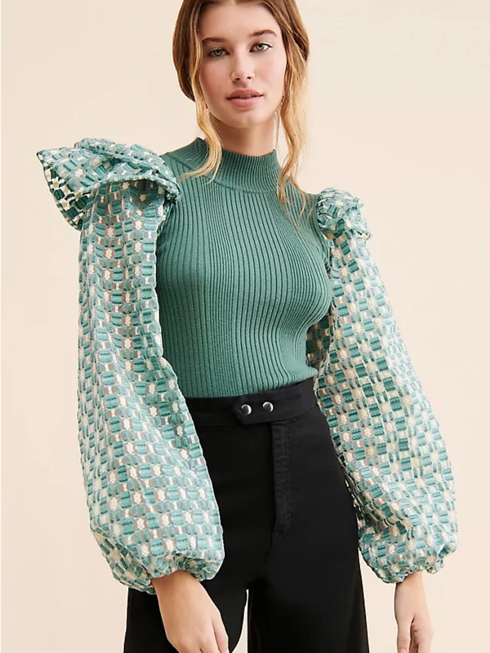 Anthropologie Teal Ribbed Mock-Neck Sweater with Patterned Puff Sleeves
